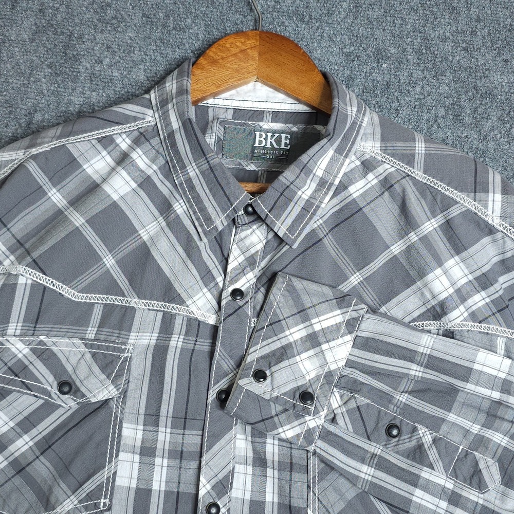 BKE Pearl Snap Shirt  Mens 2XL Western Plaid Long Sleeve Gray White Athletic Fit